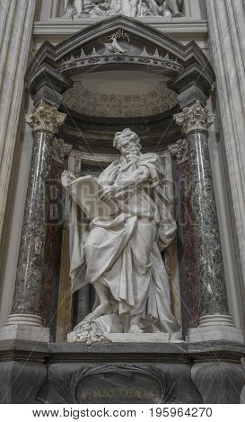 The statue of St. Matthew by Rusconi in the Archbasilica St.John Lateran San Giovanni in Laterano in Rome. Rome Italy June 2017