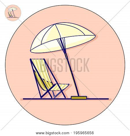 Beach chaise longue with umbrella vector flat illustration. Holiday logo and icon