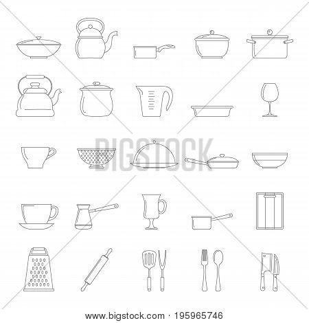 Kitchen dishes icons set in thin line style isolated on white background. Elements for dishes design and web