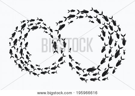 School of fish. A group of silhouette fish swim in a circle. Marine life. Vector illustration.