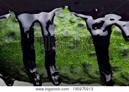 Cucumber With Pouring Black Paint Background, Macro Closeup.texture