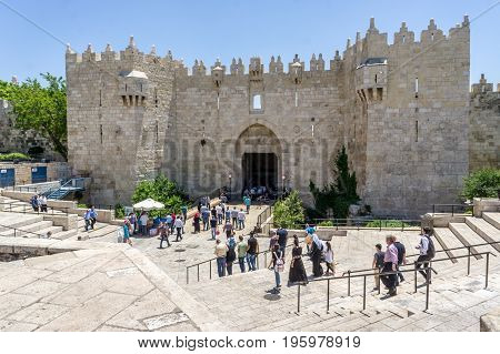 JERUSALEM ISRAEL - MAY 12: Damascus Gate or Shechem Gate one of the gates of the Old City of Jerusalem Israel on May 12 2017