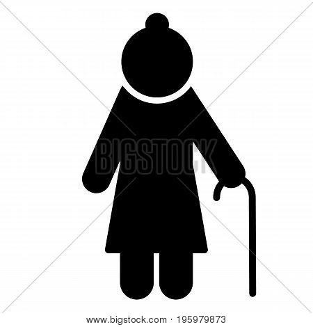 Elderly woman with walking stick icon. Pensioner silhouette symbol. Vector illustration