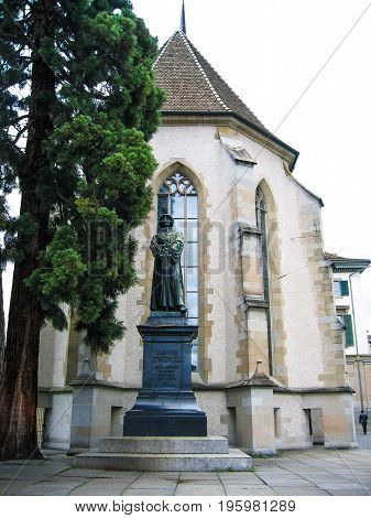 Zurich, Switzerland - August 9, 2007: Ulrich Zwingli Statue In Downtown City Square