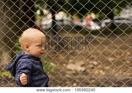 Portrait of cute toddler against of the lattice. Concept of freedom.