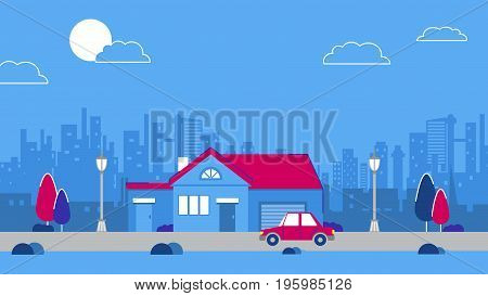 An olg vintage house on the city sky scrapers background. Red retro style car. Blue and red color schemes