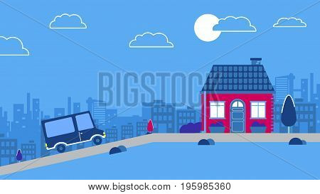 Car driving to An old downtown house . Vector city background. Red retro style car. Blue and red color schemes