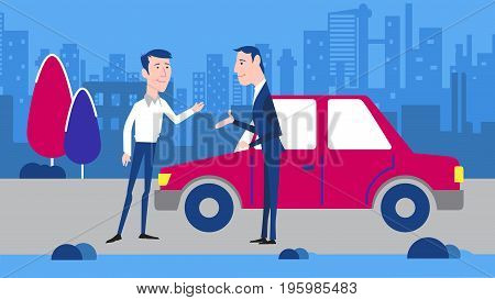 Two men greet each other Vector characters. Neighbors or friends. Street background. Red retro car