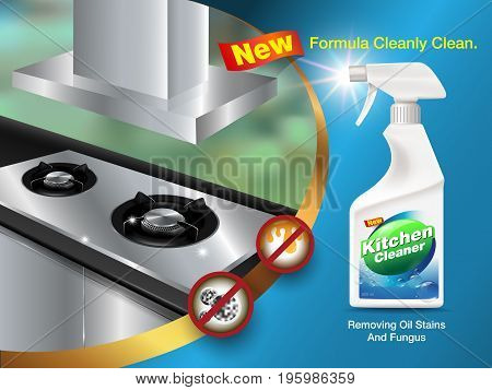 Kitchen cleaning ads Gas stove and hood
Shows images, fungus, oil stains used as illustrations advertising.
Vector realistic.
