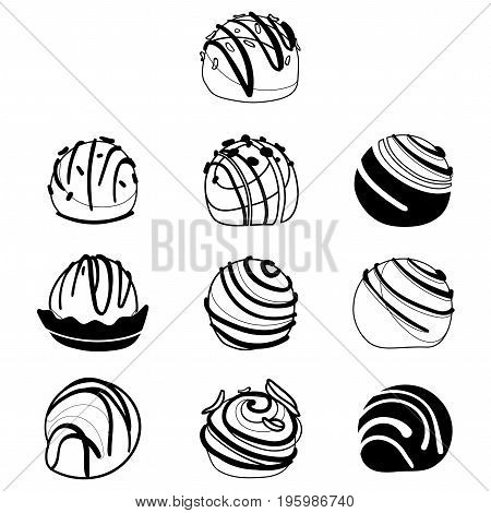 Vector set of chocolates. Collection of stylized sweets. Desserts.