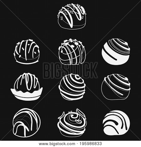 Vector set of chocolates. Collection of stylized sweets. Desserts.