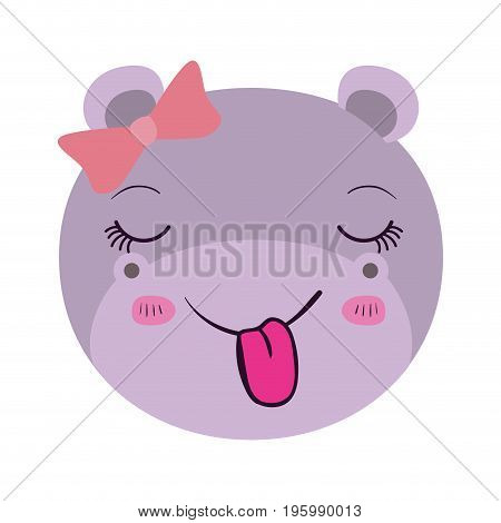 colorful caricature facef emale hippo animal sticking out tongue expression with bow lace vector illustration