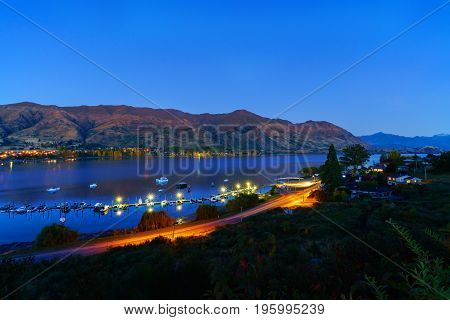 Beautiful scenery of Lake Wanaka in the twilight Wanaka South Island of New Zealand