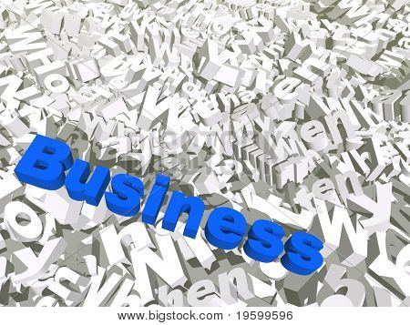 High resolution conceptual 3D blue text on a background of white texts as a crowd. The text says business, ideal for business designs.