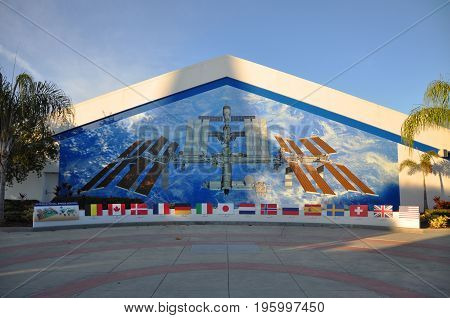 FLORIDA, USA - DEC 20, 2010: International Space Station ISS fresco on the wall of the John F. Kennedy Space Center in Florida, USA.