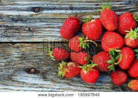 Fresh Strawberries in the garden. Juicy red berries and leaves on the wooden table. Delicious and healthy food. Wallpaper for decktop