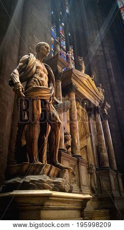 Duomo milan cathedral Pulpit, MILAN,ITALY - October 15, 2015: The beautiful design of statue inside Duomo di milano.