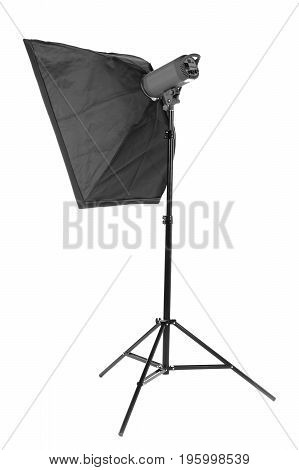 A big black strip softbox for work with photos, isolated on a white background. Studio lighting equipment. High resolution.