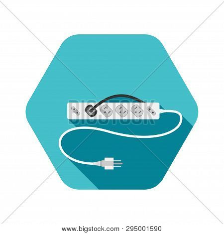 Hexagon Icon Of Modern Electric Extension Cord Type B With Different Sockets On The Turquoise Backgr