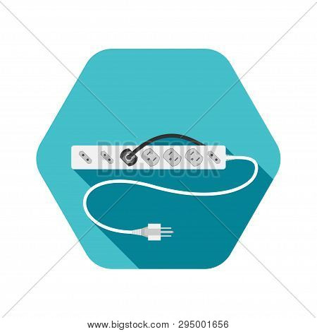 Hexagon Icon With Shadow Of Modern Electric Extension Cord Type B With Different Sockets On The Turq