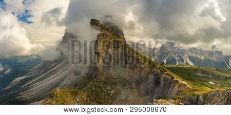 Panorama View Dolomites Mountains From Seceda Over Odle Puez Italy