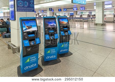 Dubai, Uae - April 2. 2019. Online Check-in At Dxb Airport