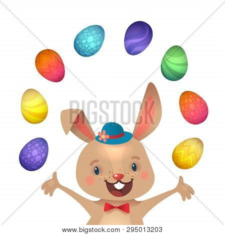 Happy Easter Greeting Card With Bunny And Eggs. Vector Cartoon Illustration. Cute Stylish Characters