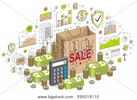 Big Sale Concept, Retail, Sellout, Shopping Bag With Cash Money Stacks Isolated On White Background.