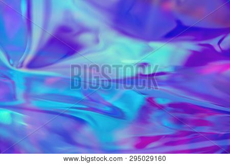 Abstract Trendy Holographic Background In 80s Style. Real Texture In Violet, Pink And Mint Colors Wi