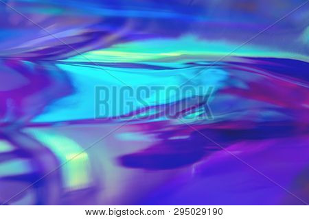 Abstract Trendy Holographic Background In 80s Style. Real Texture In Violet, Pink And Mint Colors Wi