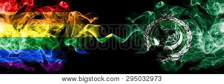 Gay Vs Arab League Smoke Flags Placed Side By Side. Thick Colored Silky Smoke Flags Of Pride And Ara