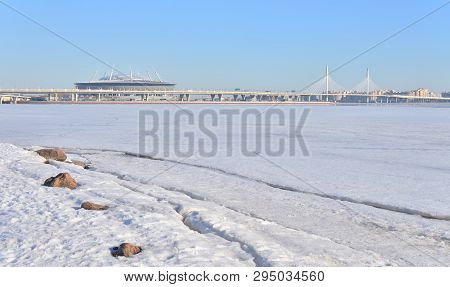 Western High-speed Diameter And Frozen Gulf Of Finland At Sunny Spring Day In Saint Petersburg, Russ