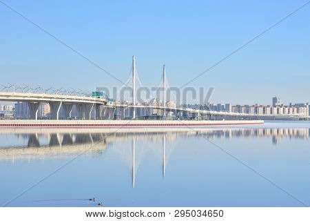 Gulf Of Finland And Cable Bridge Across The Petrovsky Fairway In Saint Petersburg, Russia. Part Of T