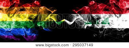 Gay Vs Iraq, Iraqi Smoke Flags Placed Side By Side. Thick Colored Silky Smoke Flags Of Pride And Ira