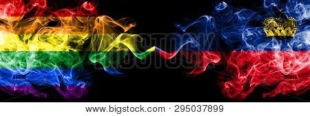 Gay Vs Liechtenstein, Liechtensteins Smoke Flags Placed Side By Side. Thick Colored Silky Smoke Flag