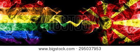 Gay Vs Macedonia, Macedonian Smoke Flags Placed Side By Side. Thick Colored Silky Smoke Flags Of Pri