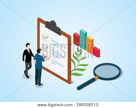 Isometric Survey Concept With People And Checklist Surveys On Paper Clipboard With Laptop - Vector
