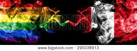Gay Vs Peru, Peruan Smoke Flags Placed Side By Side. Thick Colored Silky Smoke Flags Of Pride And Pe