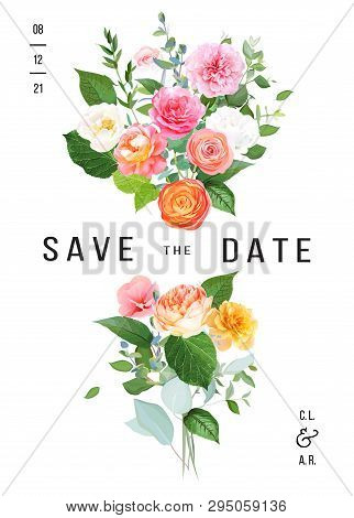 Floral Vector Design Vertical Bouquets Card.pink, Yellow, Fuchsia Rose, Orange Ranunculus, Juliet Ga