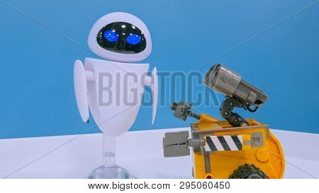 Nizhniy Novgorod, Russia - August 7, 2017: The Exhibition Park Of Robots. Wall-e And Eva Robots At E