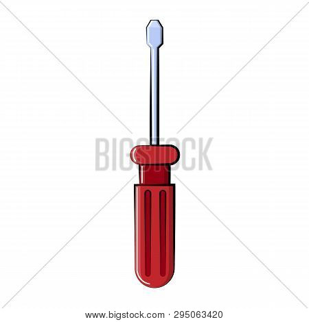 Red Screwdriver Icon With A Straight Or Flat Slot For Screwing, Unscrewing Screws. Construction Plum