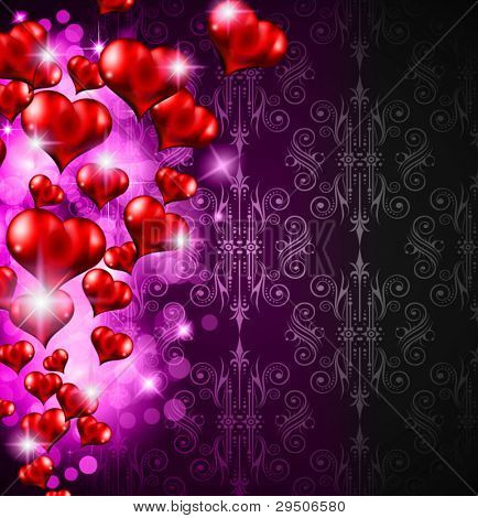 Valentýna leták s vintage třpytky pozadí a lesklé červené srdce letí vzduchem.