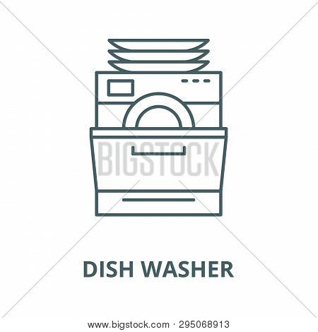 Dish Washer Line Icon, Vector. Dish Washer Outline Sign, Concept Symbol, Flat Illustration