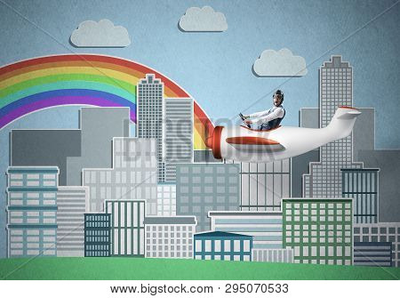 Businessman Flying In Small Propeller Plane Above Metropolis. Aviator Driving Retro Airplane On Back