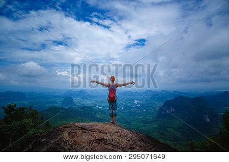 Happy Hiker With Her Arms Outstretched, Freedom And Happiness, Achievement In Mountains. Thailand, V