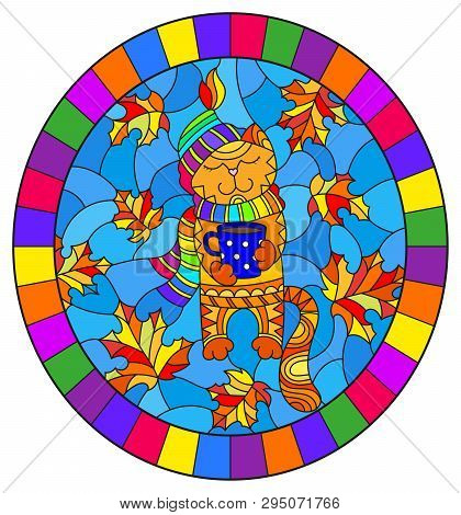 Illustration In Stained Glass Style With A Funny Cat In The Hat , The Scarf And A Mug Of Tea On The 