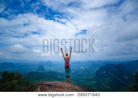 Happy Hiker With Her Arms Outstretched, Freedom And Happiness, Achievement In Mountains. Thailand, V