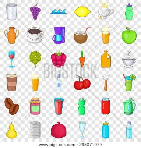 Fruit Drink Icons Set. Cartoon Style Of 36 Fruit Drink Vector Icons For Web For Any Design