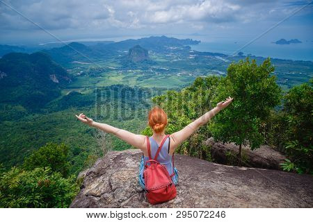 Happy Hiker With Her Arms Outstretched, Freedom And Happiness, Achievement In Mountains. Thailand, V