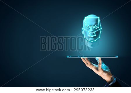 Digital Tablet Face Detection And Identification (id) Concept. Facial Recognition Protection And Sec